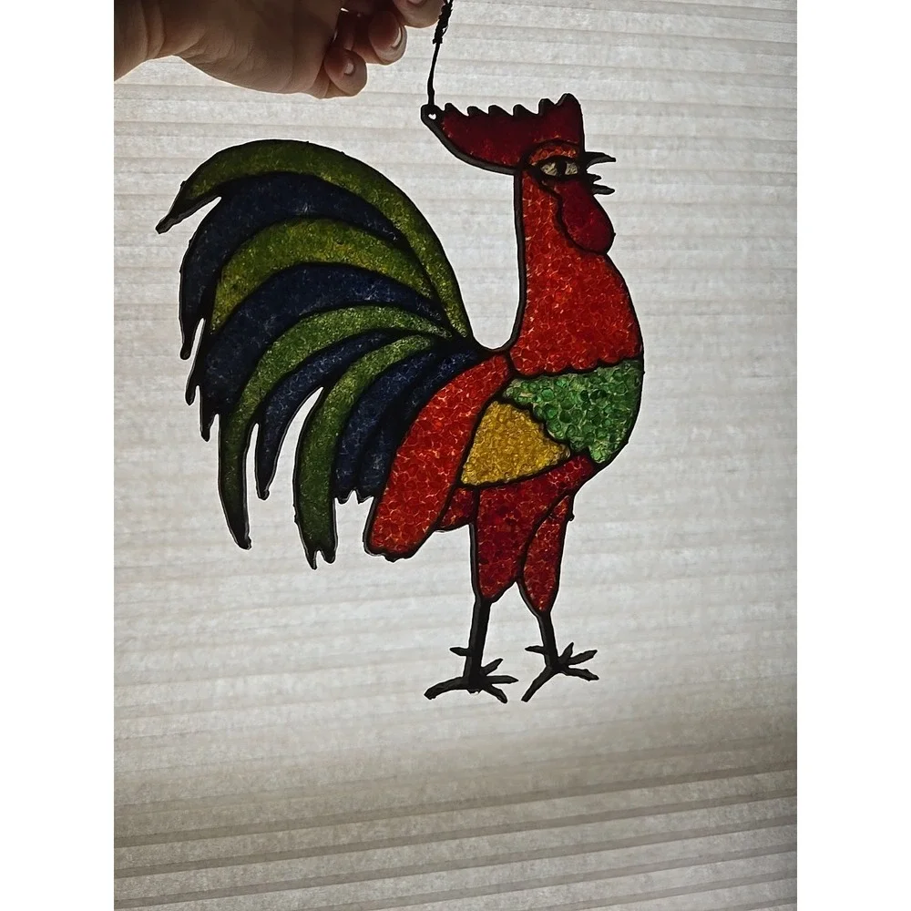 Rooster Stained Glass Window Panel Sun‎ Catcher Chiken Hanging Decor Farmhouse